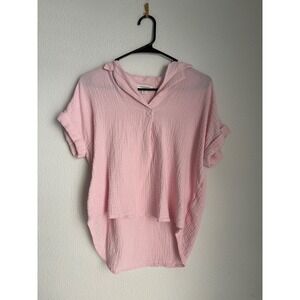 Beachlunchlounge Pink Gauze Short Sleeve High Low V-Neck Blouse Top Womens Small
